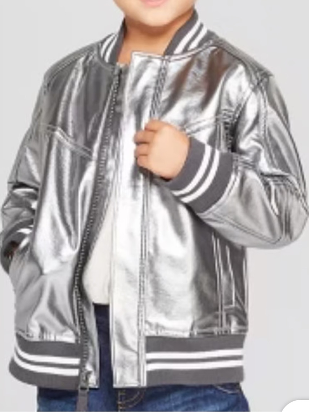 OshKosh B'gosh Metallic Silver Bomber Jacket with Striped Ribbing